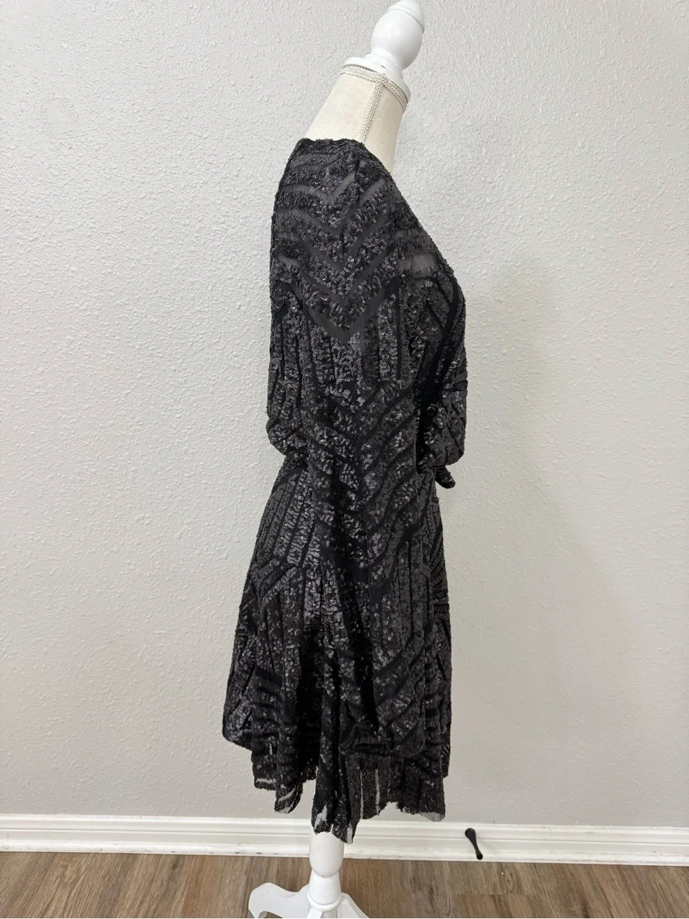 Free People Tiger Eyes Muted Charcoal Sequin Side Tie Wrap Mini Dress Sz S